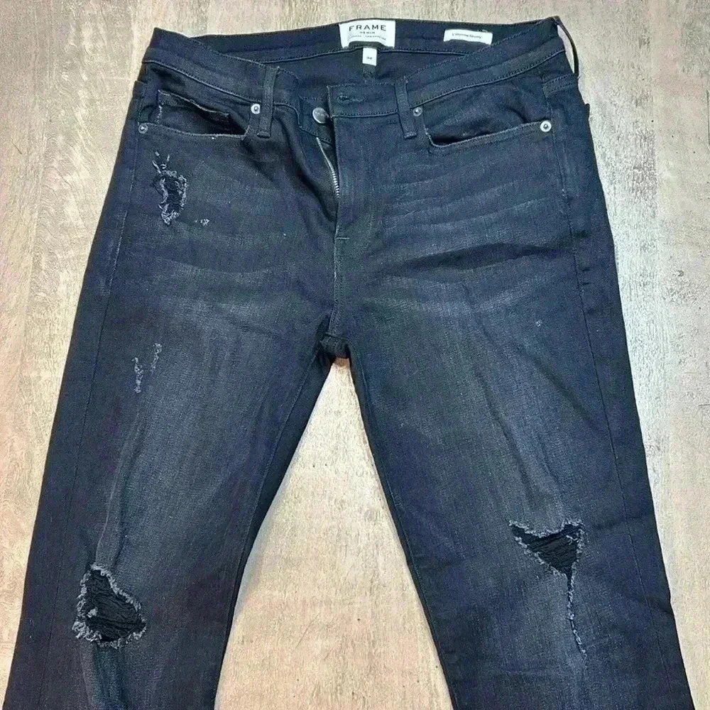 Frame Black Denim Jeans, Size 32. Distressed Look, Plenty Of Stretch.